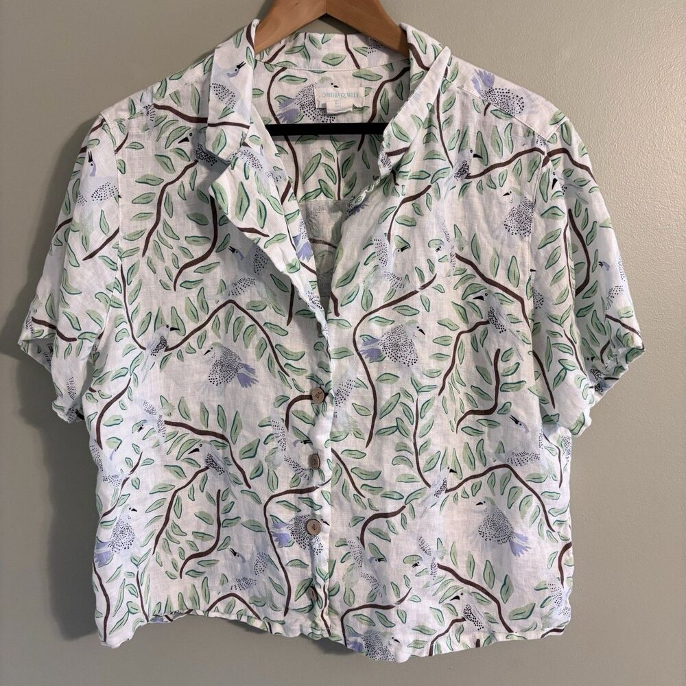 Cynthia Rowley 100% Linen Bird Button Down Camp Shirt Bloomcore Cottagecore L